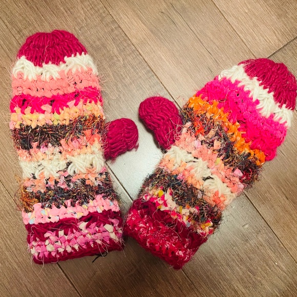 Boho Silk and Fabric Crocheted Fleece Mittens - Picture 3 of 8